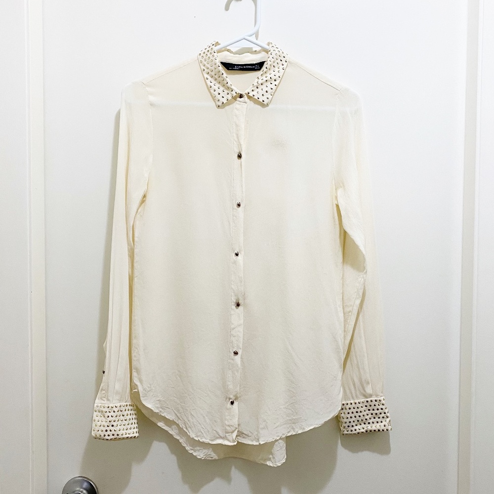 Zara Woman Mulberry Silk Button Down Blouse Vintage Skulls Off White Gold S